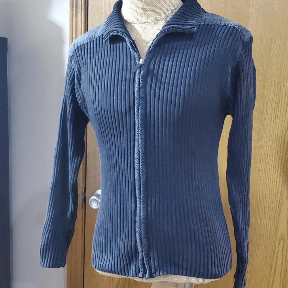 Oscar de la renta black ribbed full zip sweater